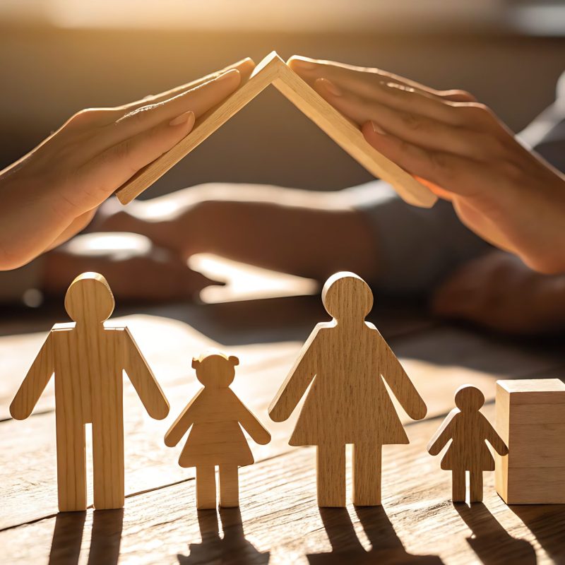 Photo of two hands gently create a houselike structure over a wooden family, representing family care and security