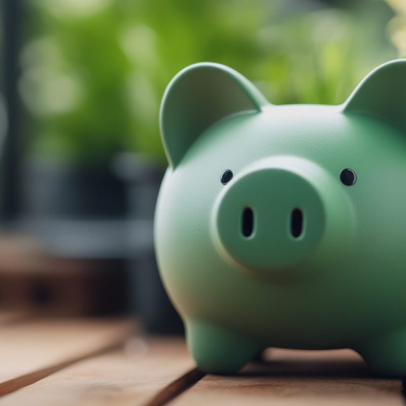A charming green piggy bank sits on a wooden table, surrounded by lush plants, symbolizing growth and financial stability in a serene environment.