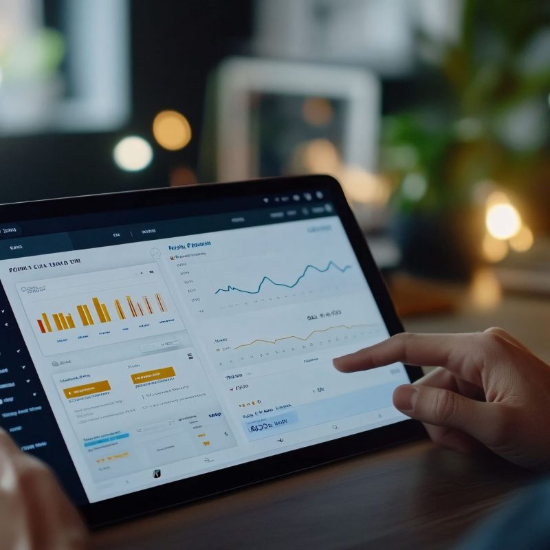A person reviews detailed financial reports on a tablet, analyzing charts and figures for financial planning. The scene reflects an organized approach to personal finance, using technology for a comprehensive view of savings and investments.